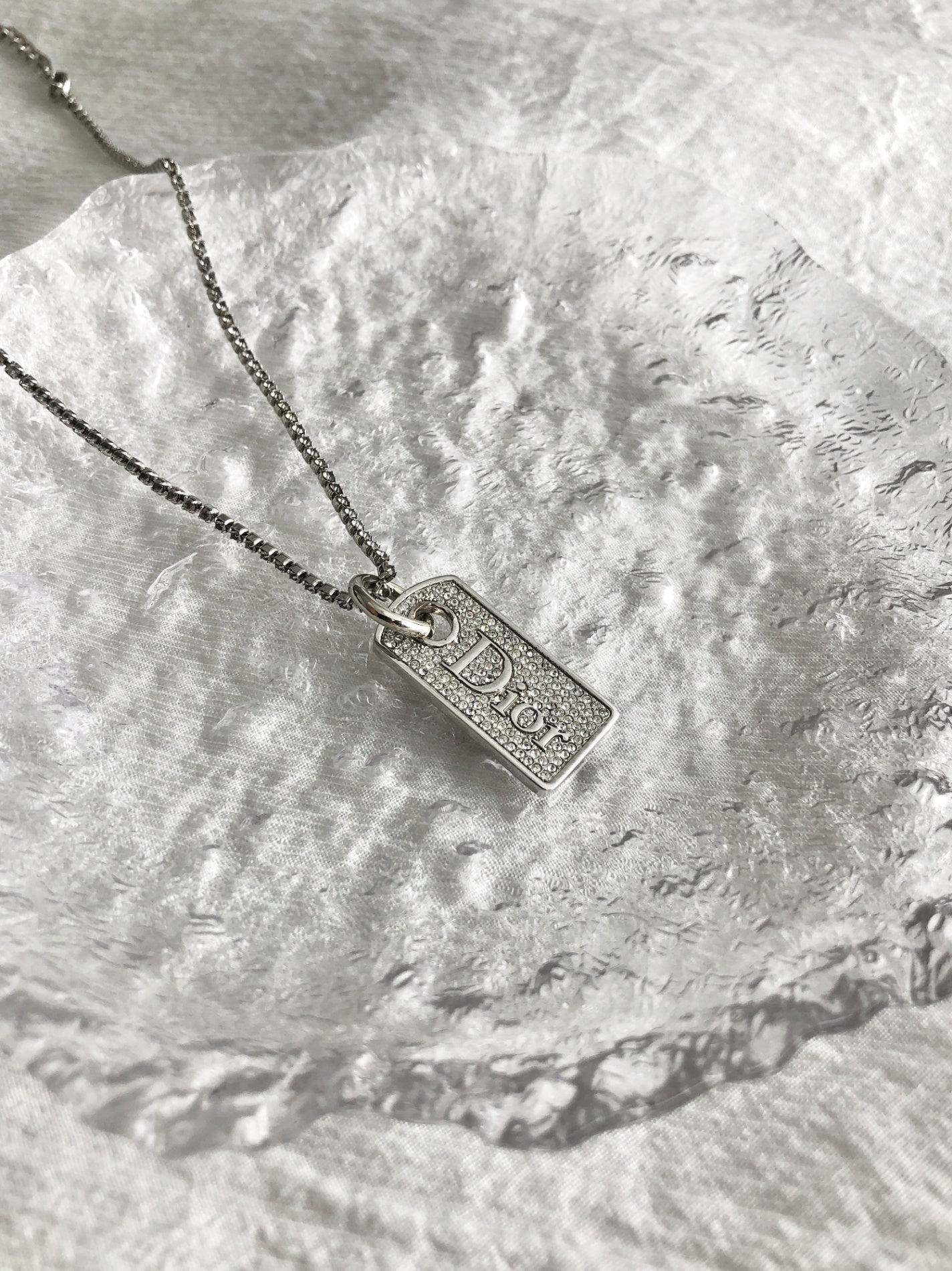 Christian Dior Logo Motif Rhinestone Necklace Silver Vintage