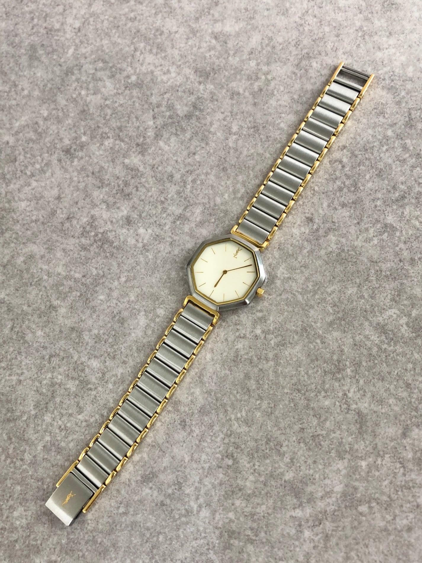 Yves Saint Laurent Octagon Quartz Watch Silver×Gold 2200-222377 Vintage g5ze82