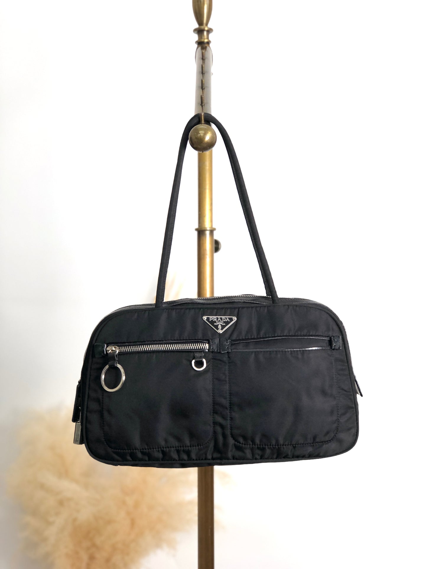 PRADA Tessuto Triangle Logo Front Pocket Small Boston bag Handbag Black Vintage gips8j