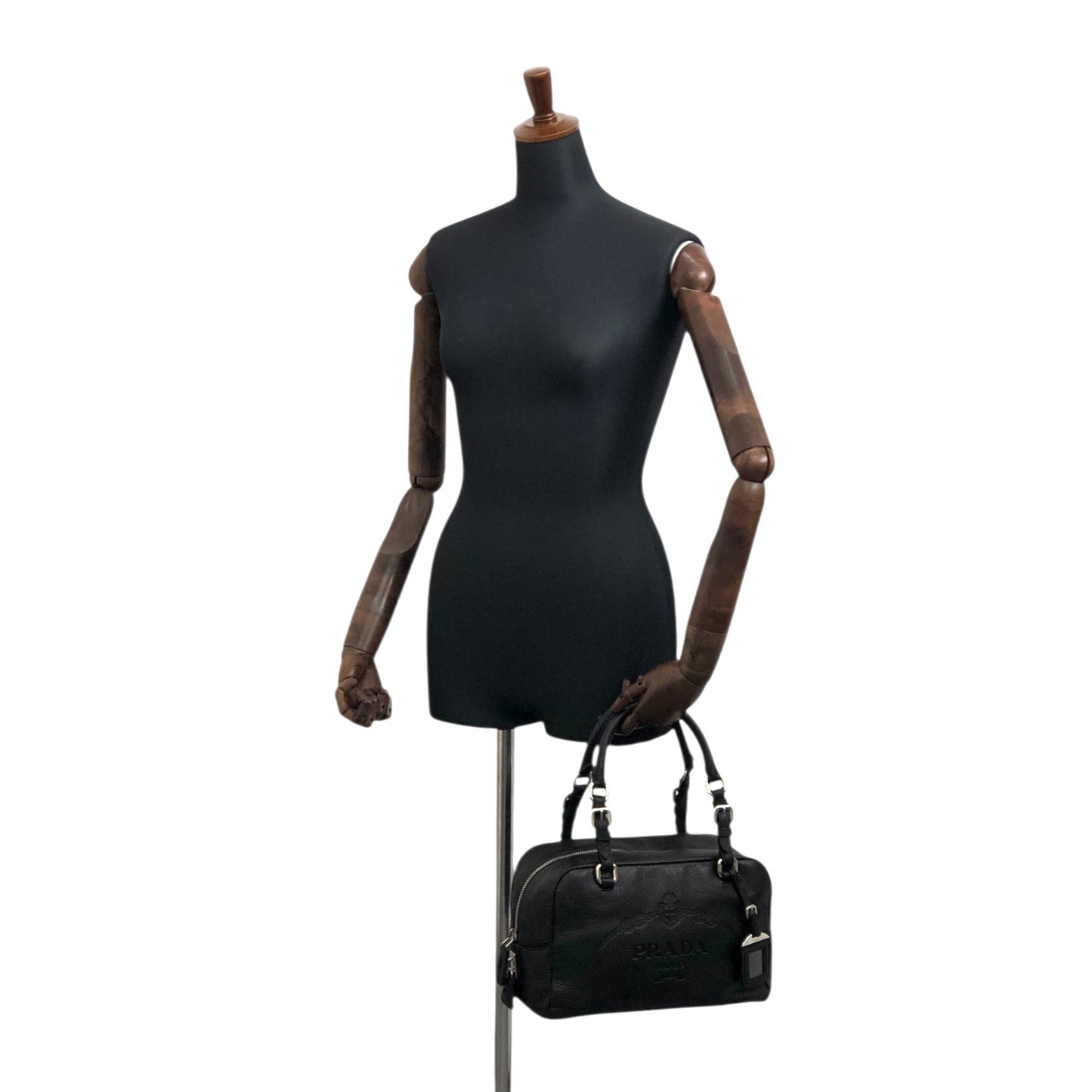 PRADA Logo Embossed Small Boston bag Handbag Black Vintage sdau3h