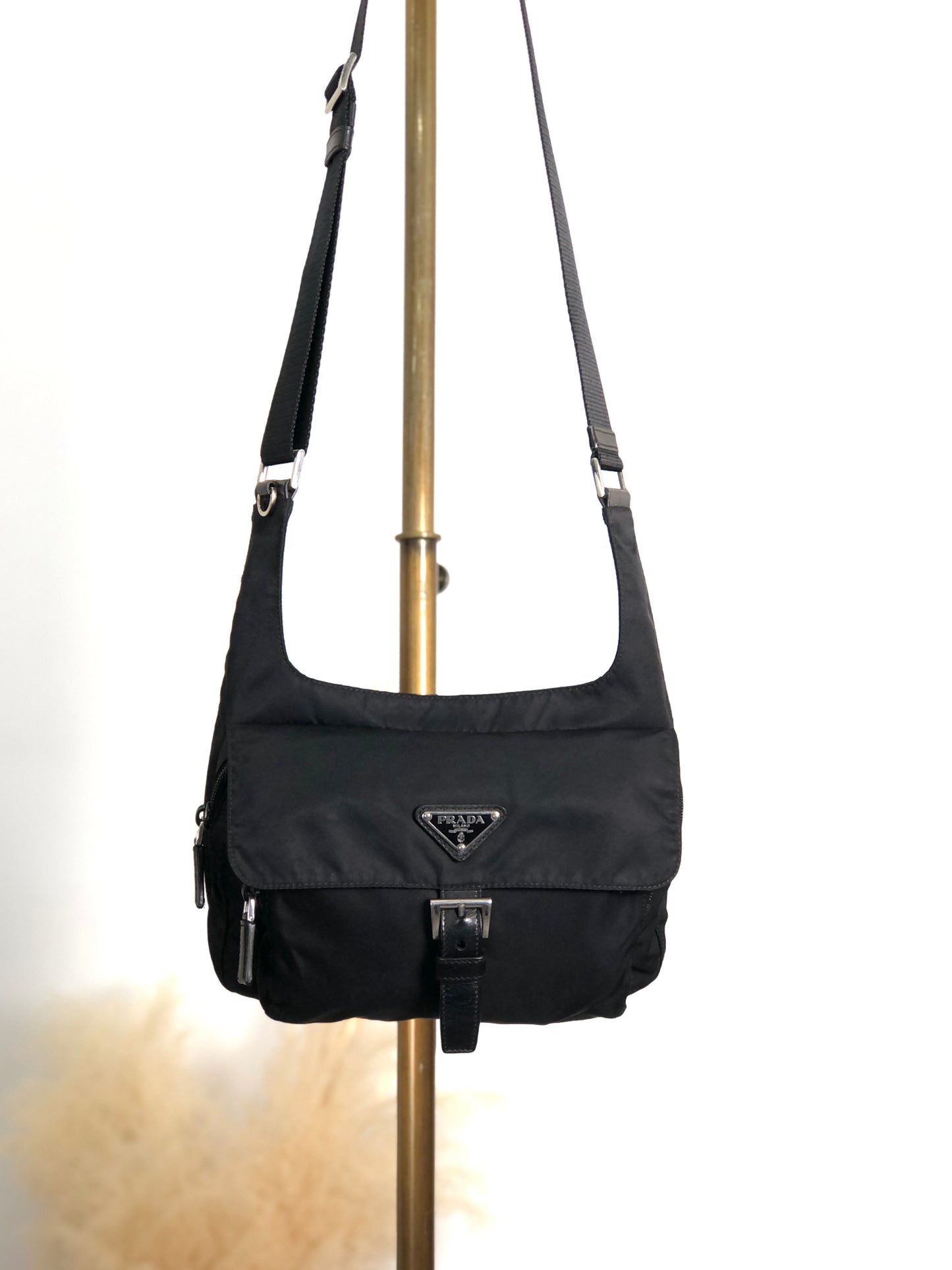 PRADA Triangle Logo Front Buckle Shoulder bag Black Vintage 7bcgft