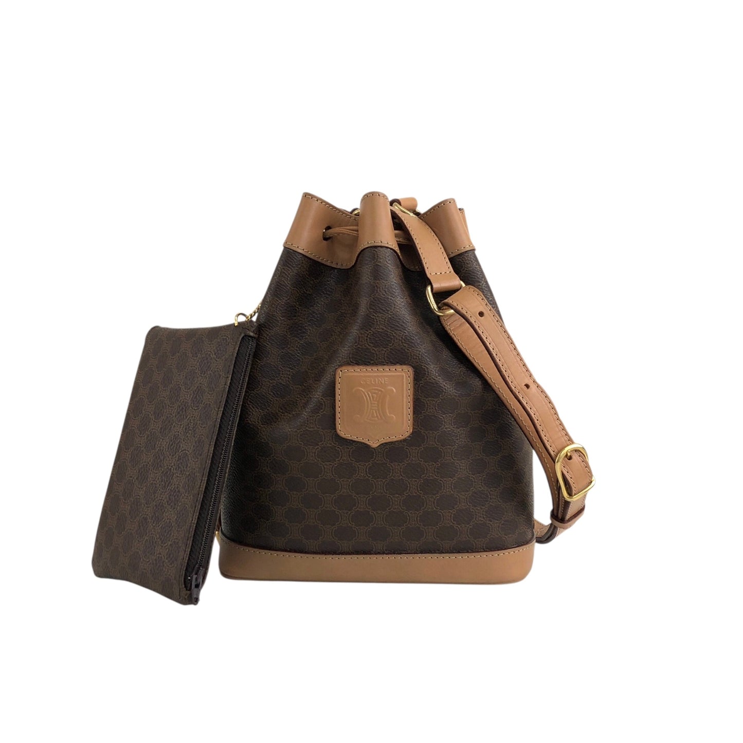 CELINE Macadam Blason Drawstring Shoulder bag Brown Vintage xfu8ij