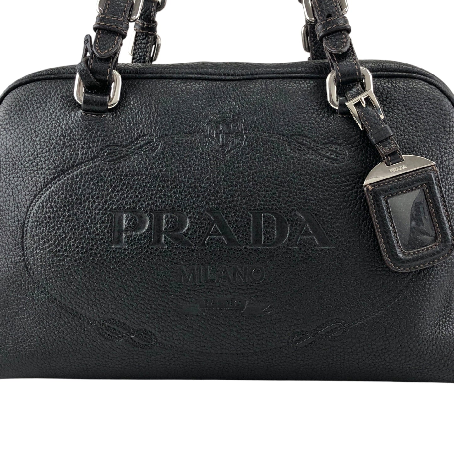 PRADA Logo Embossed Small Boston bag Handbag Black Vintage f8pbsn
