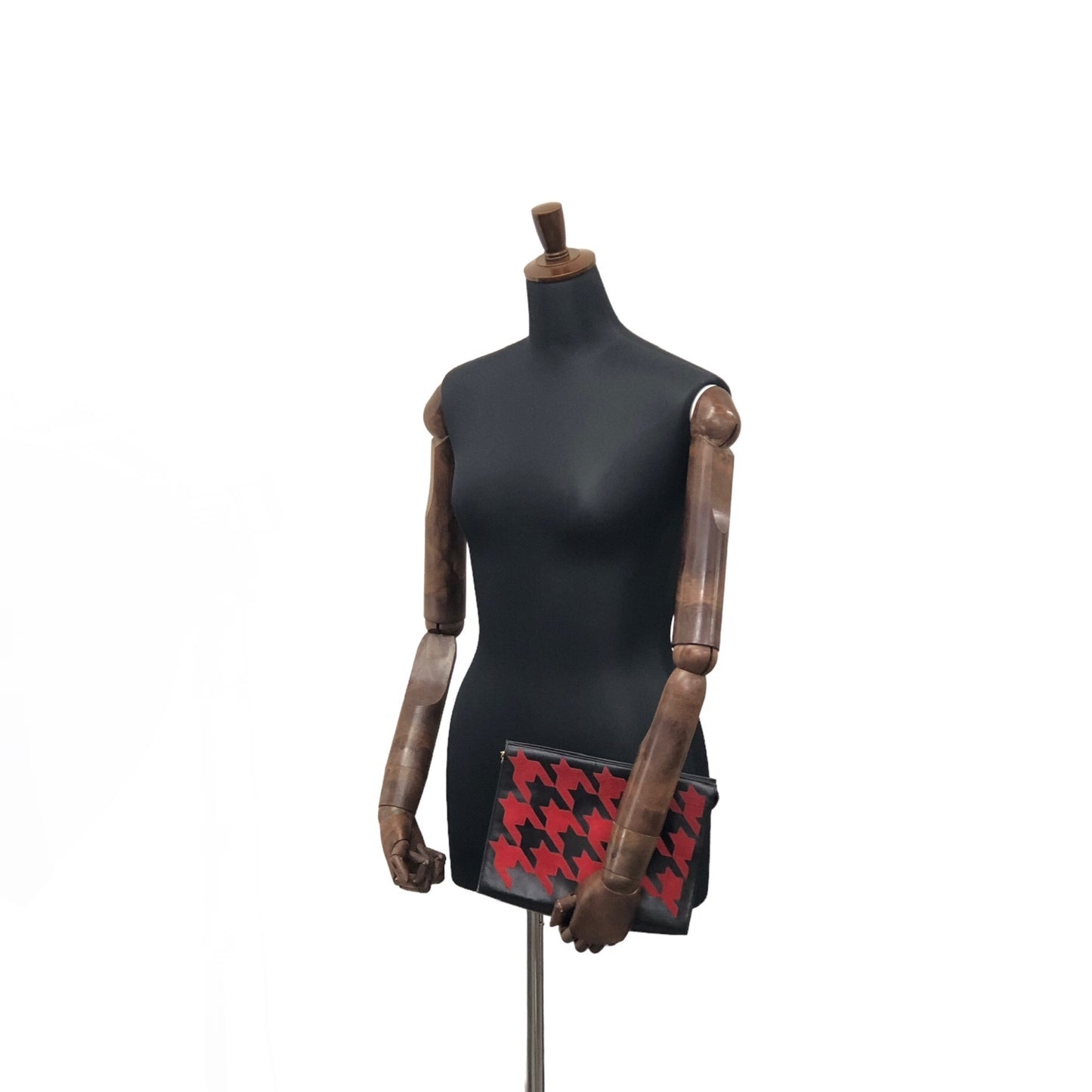 CELINE Houndstooth Suede Leather Clutch bag Black Red Vintage znyz77