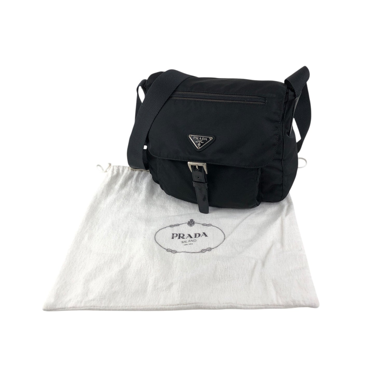 PRADA Triangle Logo Front Buckle Shoulder bag Black Vintage dre4i8