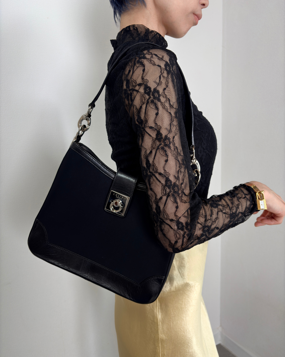 CELINE Gancini Shoulder bag Black Vintage 4cxdup