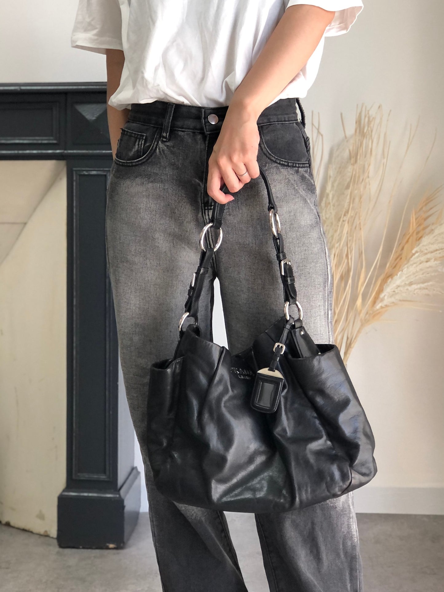 PRADA Logo Shoulder bag Hobobag Black Vintage pbitjd