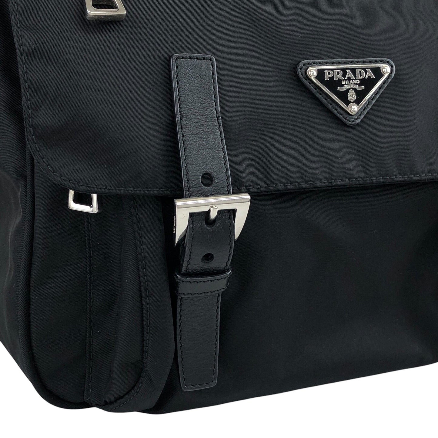 PRADA Triangle Logo Front Buckle Shoulder bag Black Vintage b2kema