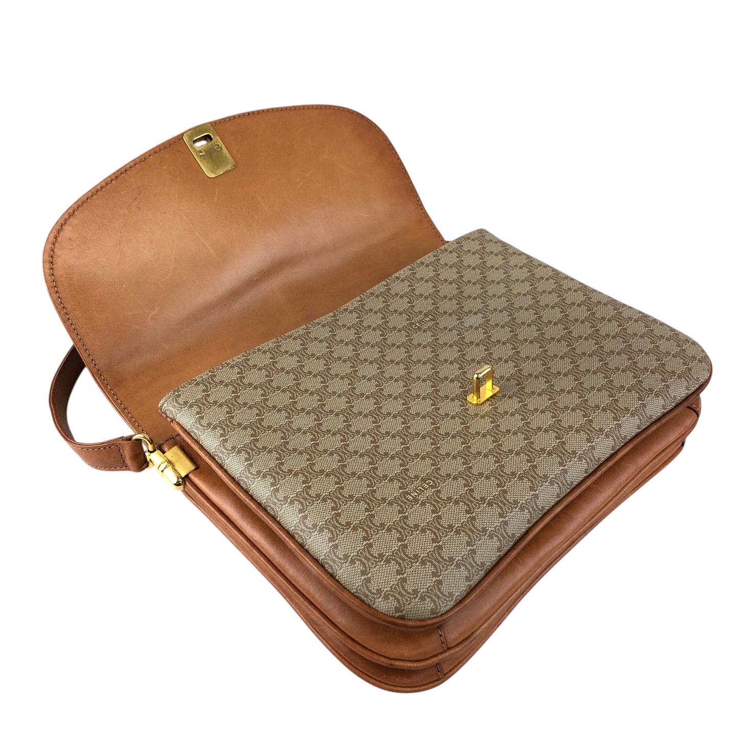 CELINE Macadam Front Buckle Shoulder bag Beige Vintage ezjmir