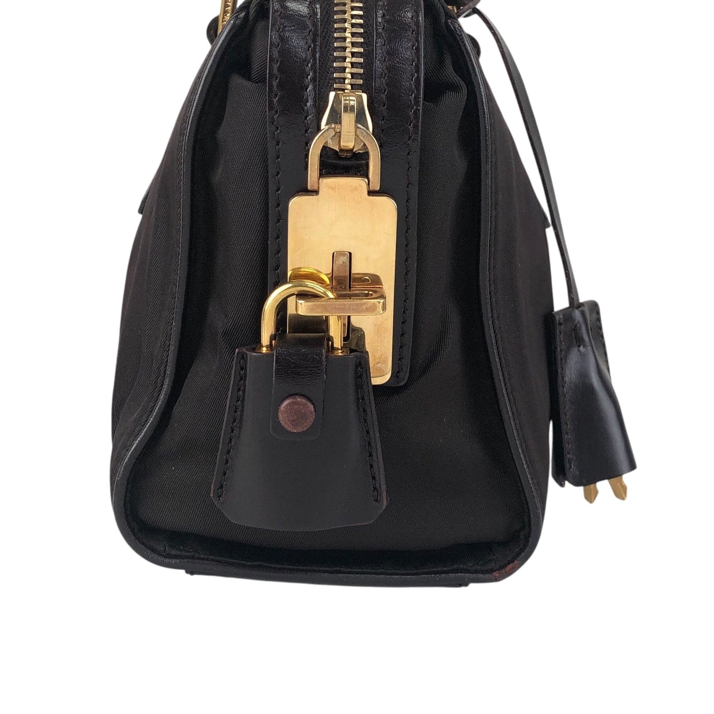 PRADA Tessuto Triangle Logo Small Boston bag Handbag Brown Vintage jaa3i4