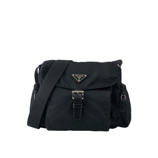 PRADA Tessuto Triangle Logo Front Buckle Side Pocket Shoulder bag Black Vintage pvgpkk