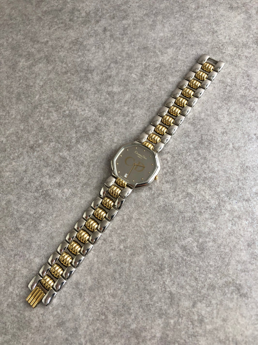Christian Dior CD Logo Octagon Quartz Watch Silver×Gold Vintage evzwxv