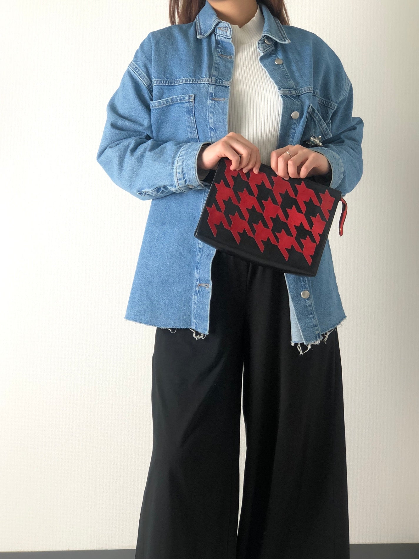 CELINE Houndstooth Suede Leather Clutch bag Black Red Vintage znyz77