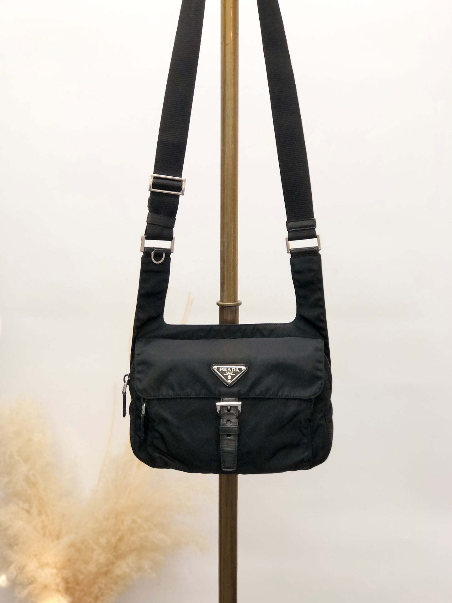 PRADA Triangle Logo Front Buckle Shoulder bag Black Vintage 3nuzig