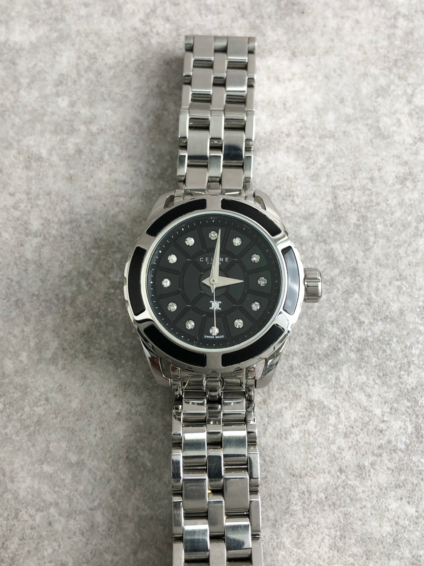 CELINE Blason Quartz Watch Silver×Black Vintage kdm68r