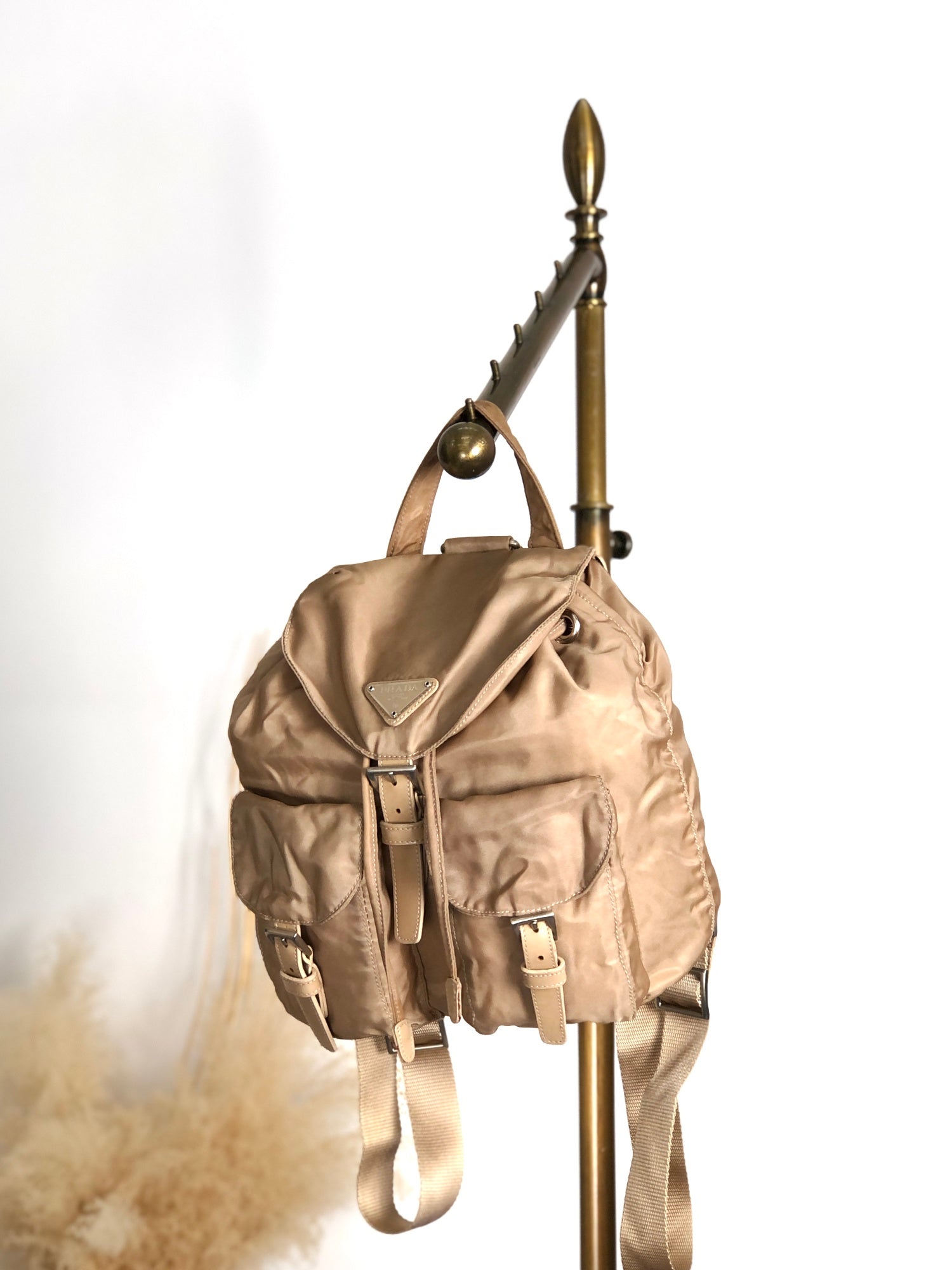 PRADA Tessuto Triangle Logo Double Pocket Backpack Beige Vintage