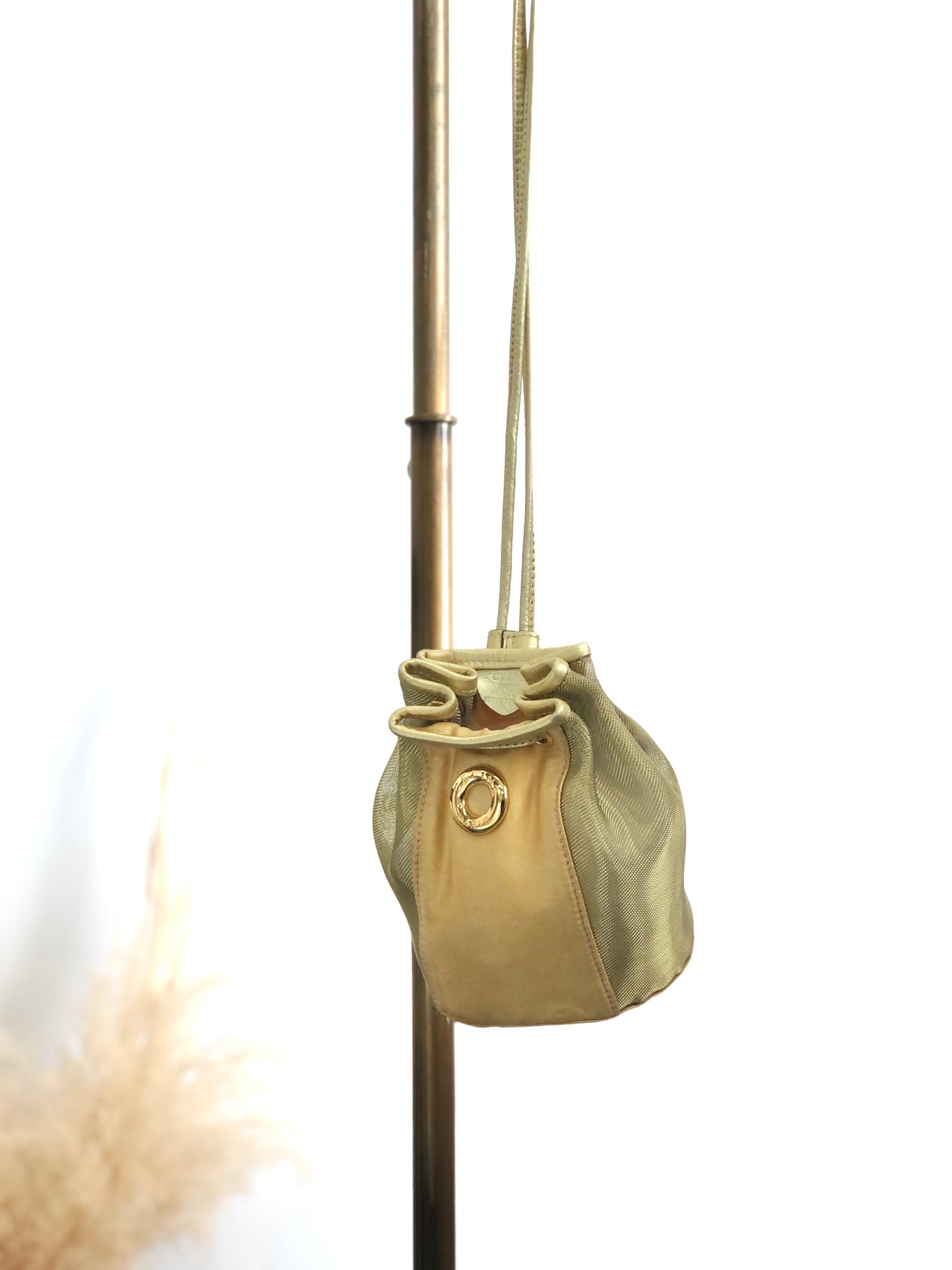 CELINE Circle Logo Drawstring Small Shoulder bag Beige Vintage s6bm4s