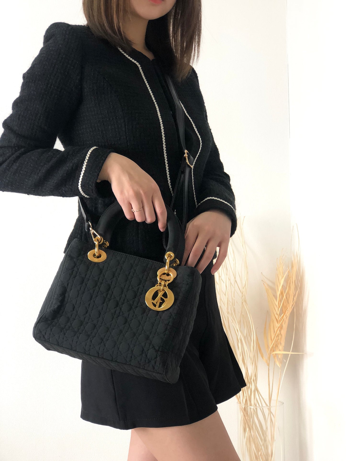 Christian Dior Lady Dior Cannage CD Logo Charm Nylon Two-way Handbag Shoulder bag Black Vintage vwagxx