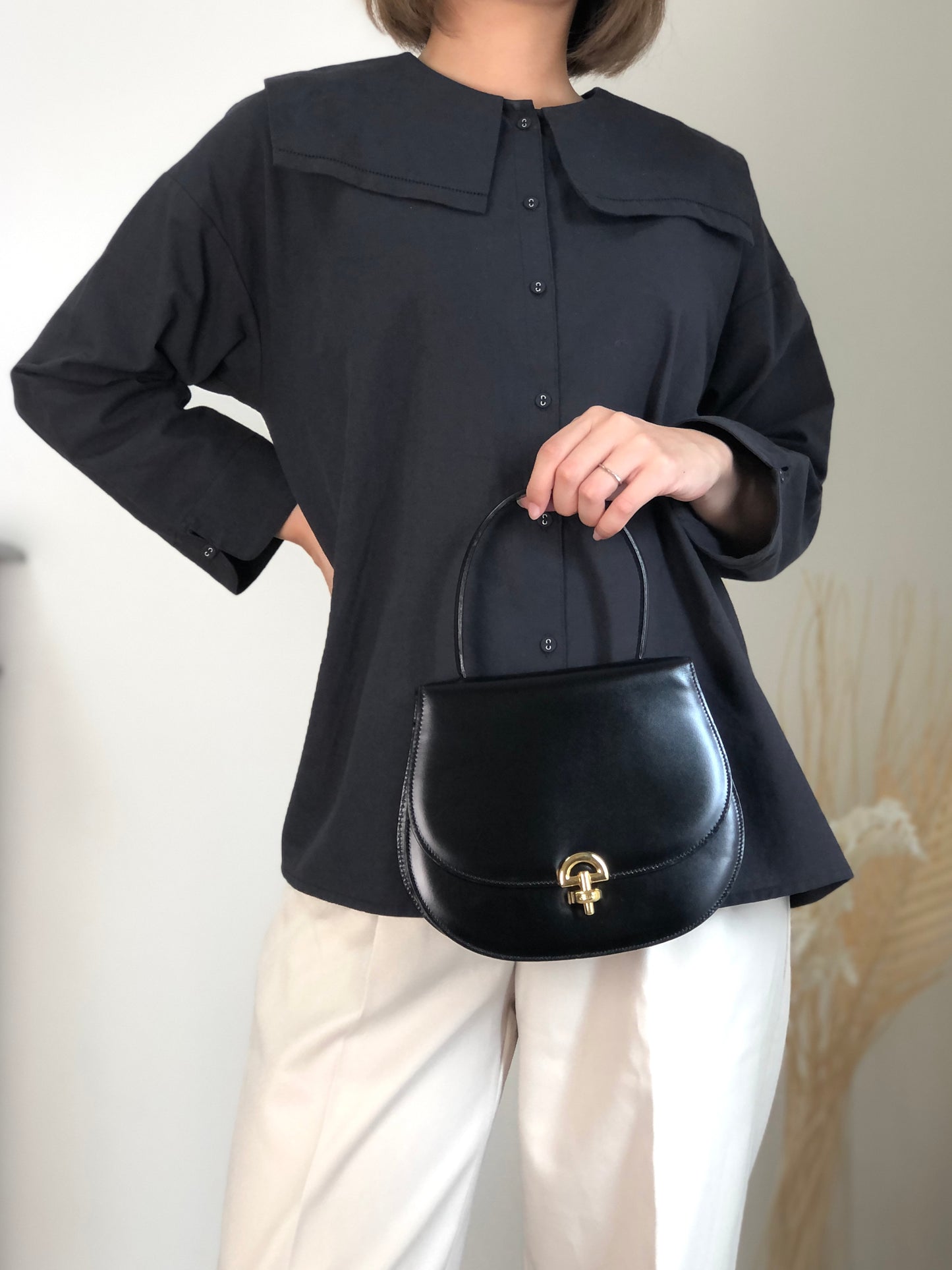 CELINE Front Buckle Two-way Handbag Shoulder bag Black Vintage htie7e