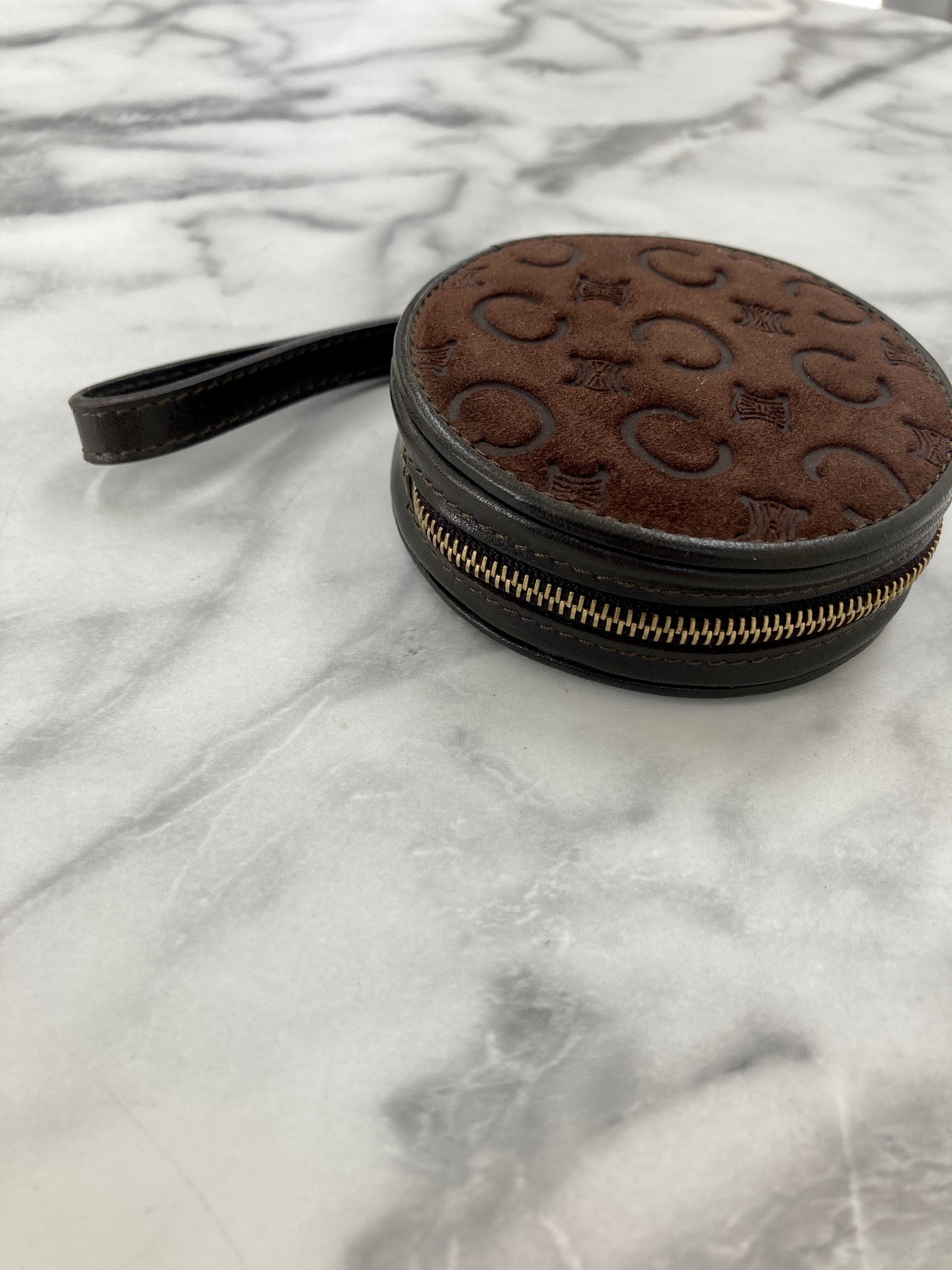 CELINE C-Macadam Blason Suede Leather Round Coin Purse Brown Vintage 6z2vft