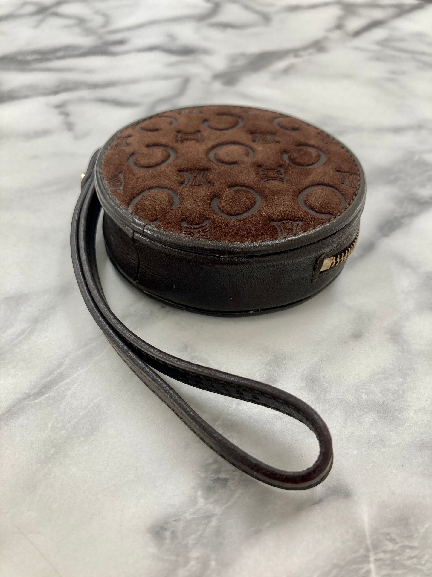 CELINE C-Macadam Blason Suede Leather Round Coin Purse Brown Vintage 6z2vft