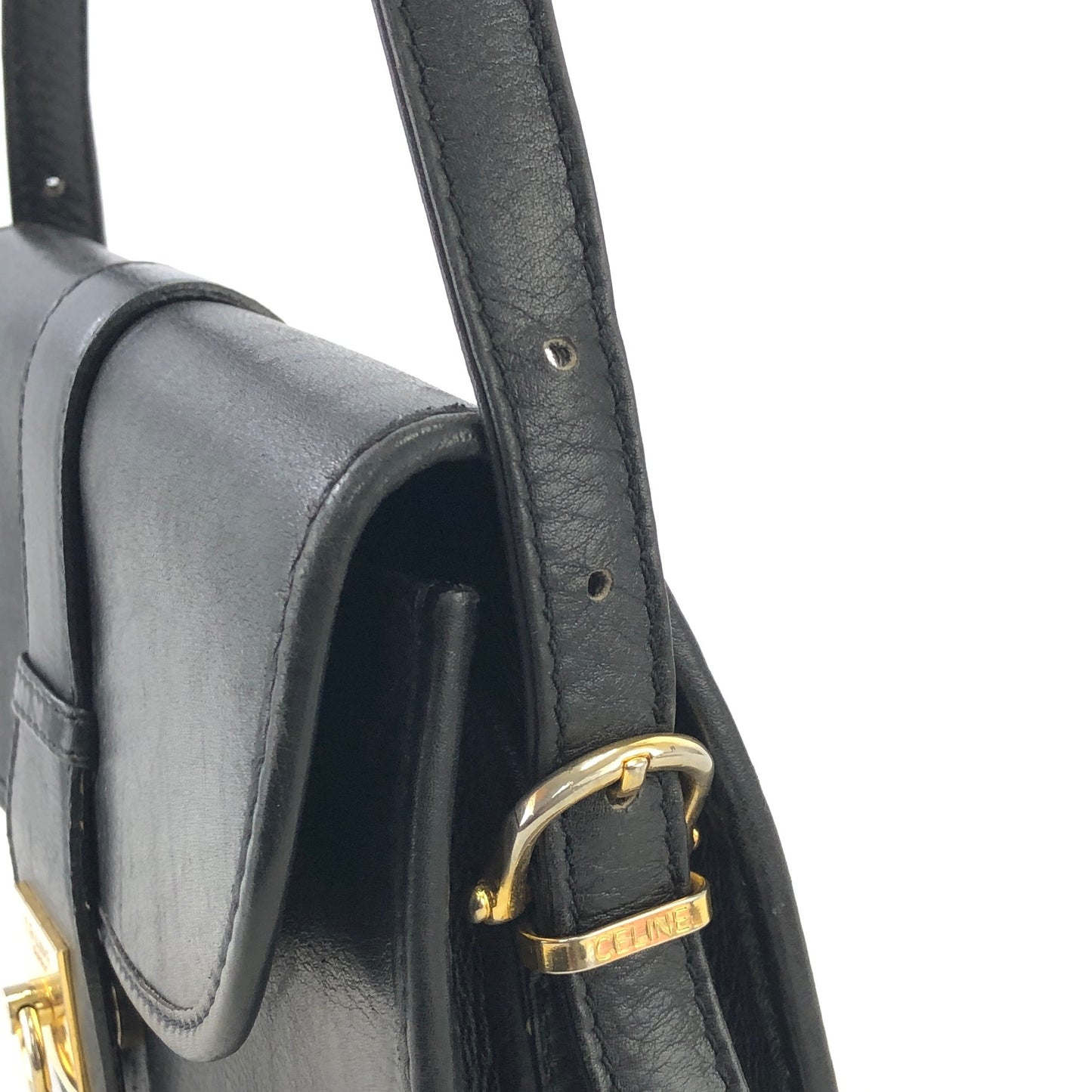 CELINE Gancini Leather Crossbody Shoulder bag Black Vintage 243mx8