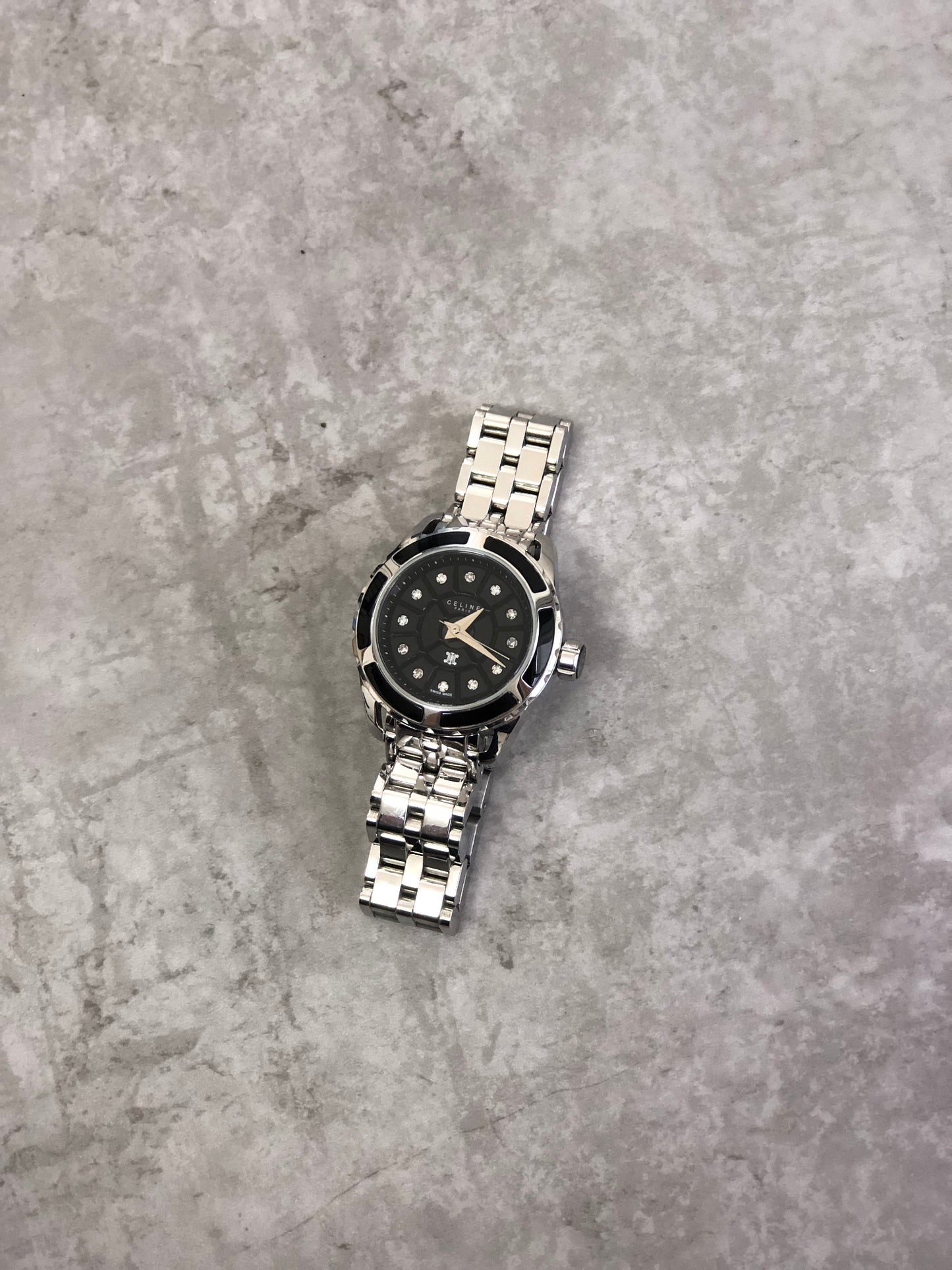 CELINE Blason Quartz Watch Silver×Black Vintage kdm68r