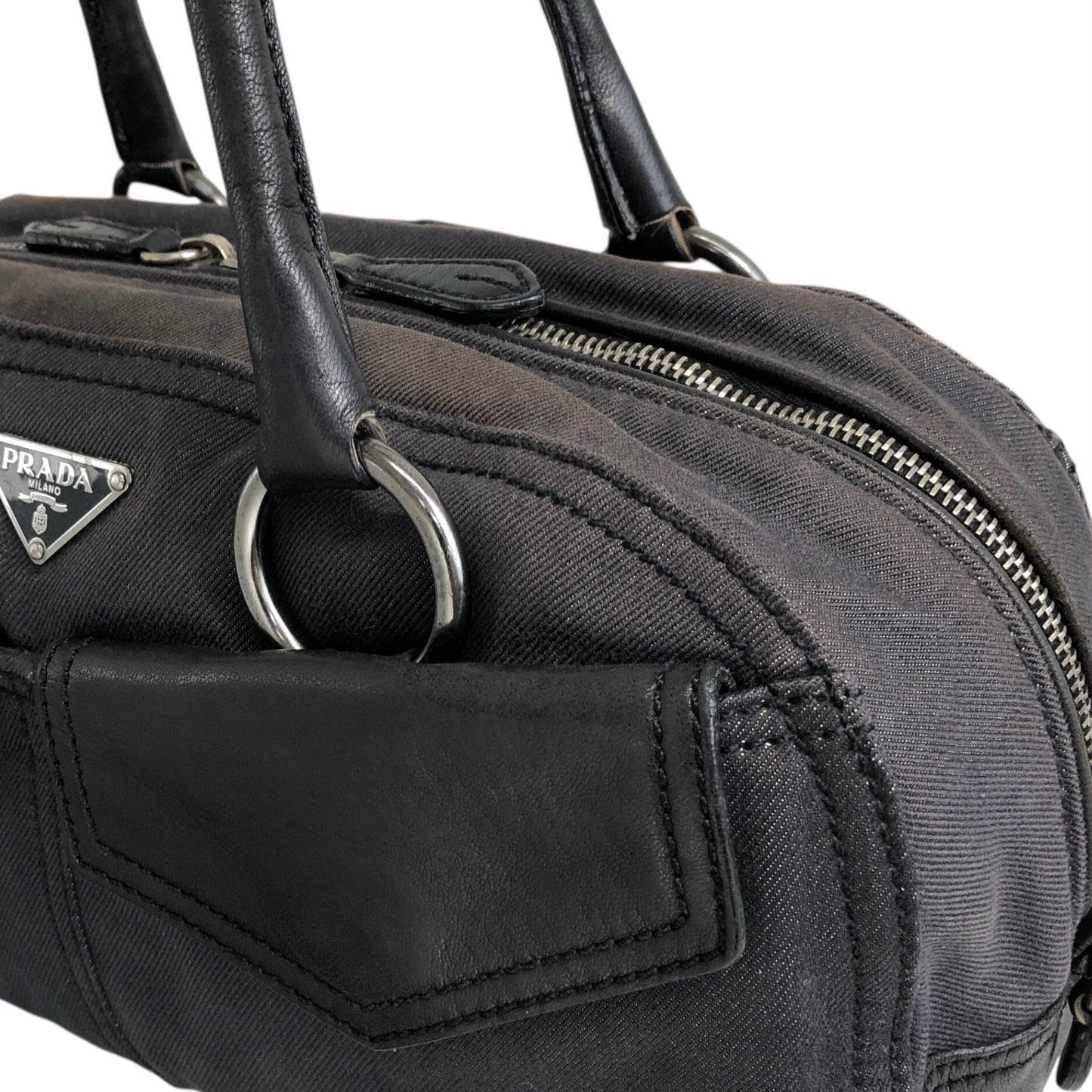 PRADA Triangle Logo Front Pocket Small Boston bag Handbag Black Vintage 7uz66d