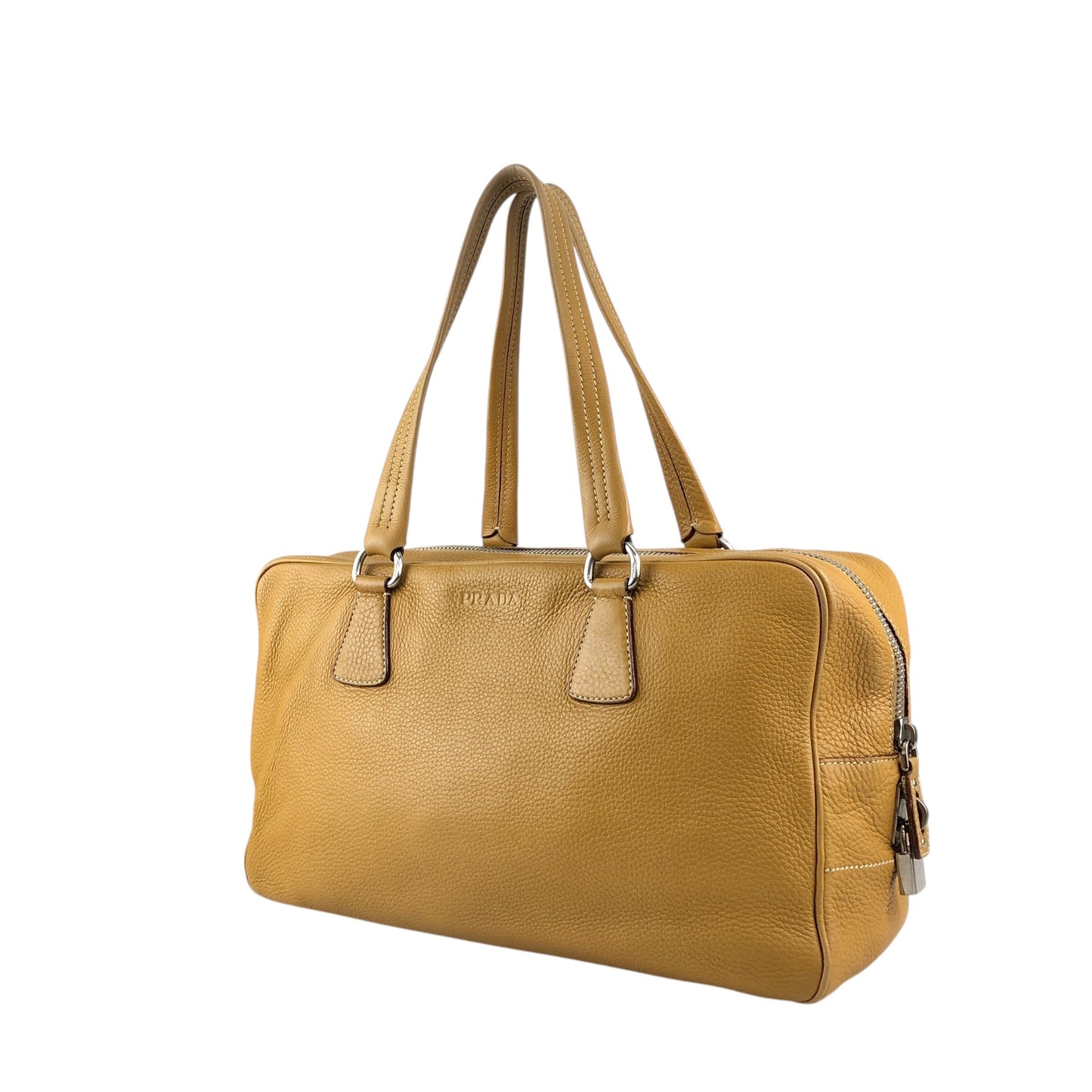 PRADALogo Embossed Small Boston bag Handbag Camel Vintage witjyy