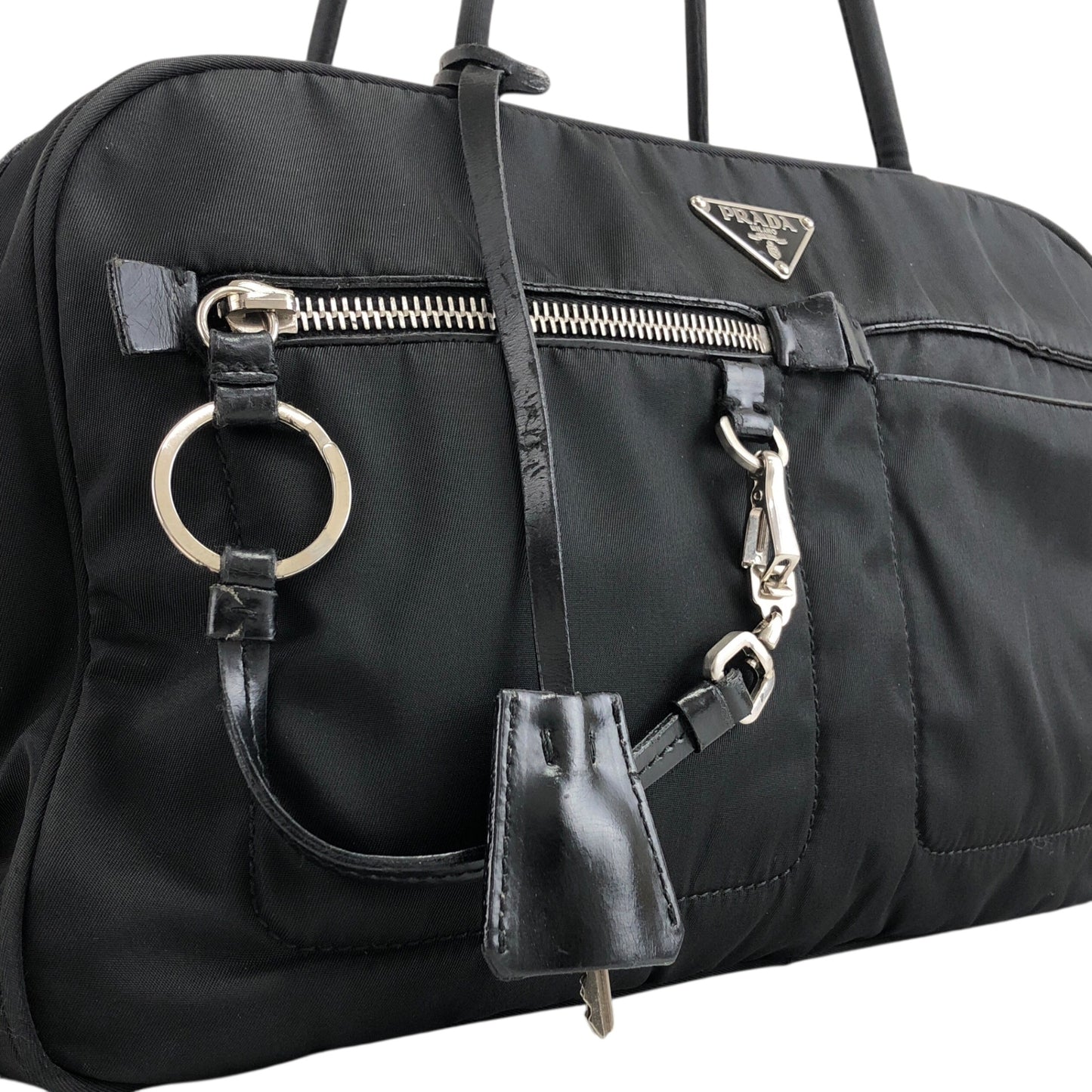 PRADA Triangle Logo Padlock Small Boston bag Handbag Black Vintage a5w87e