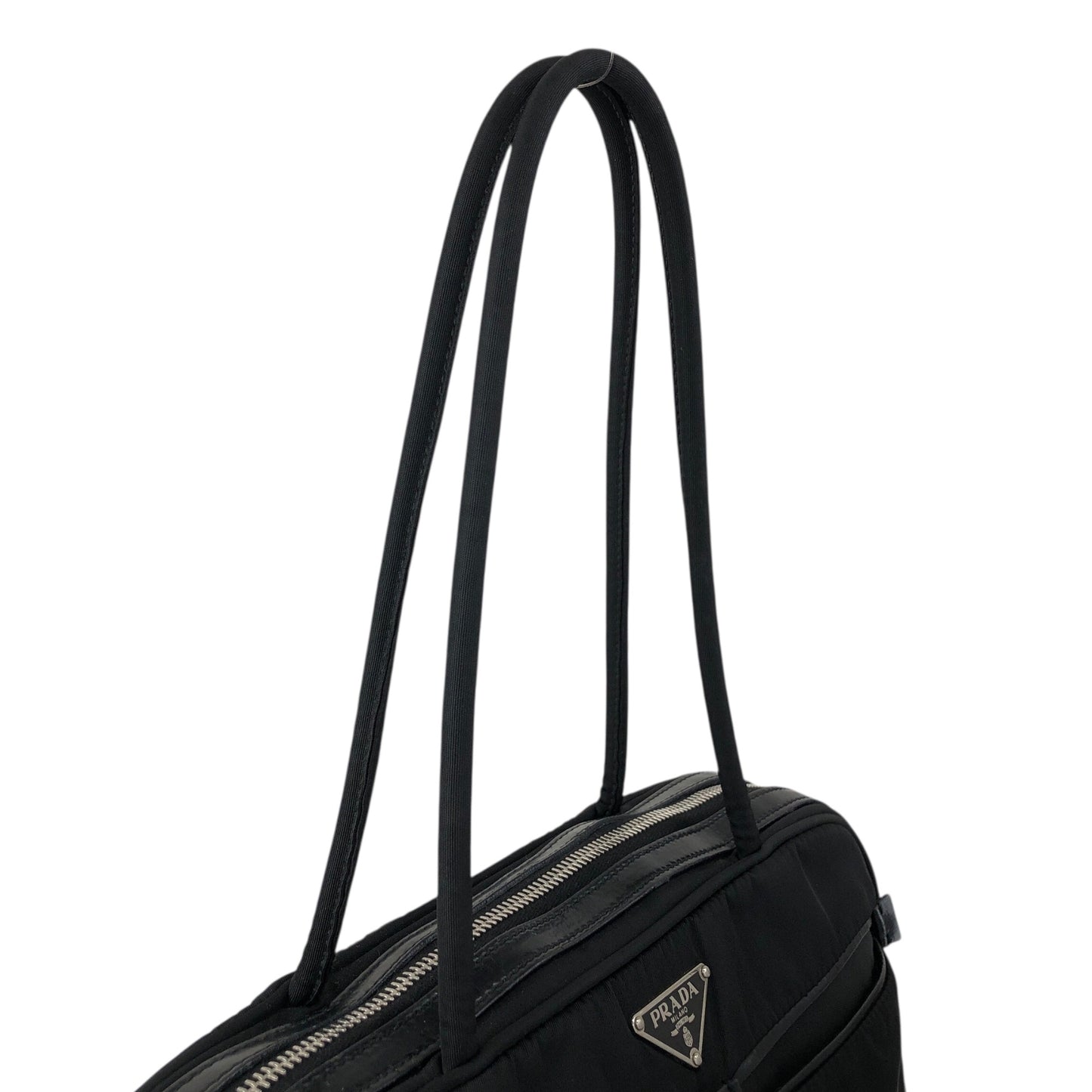 PRADA Tessuto Triangle Logo Front Pocket Small Boston bag Handbag Black Vintage gips8j