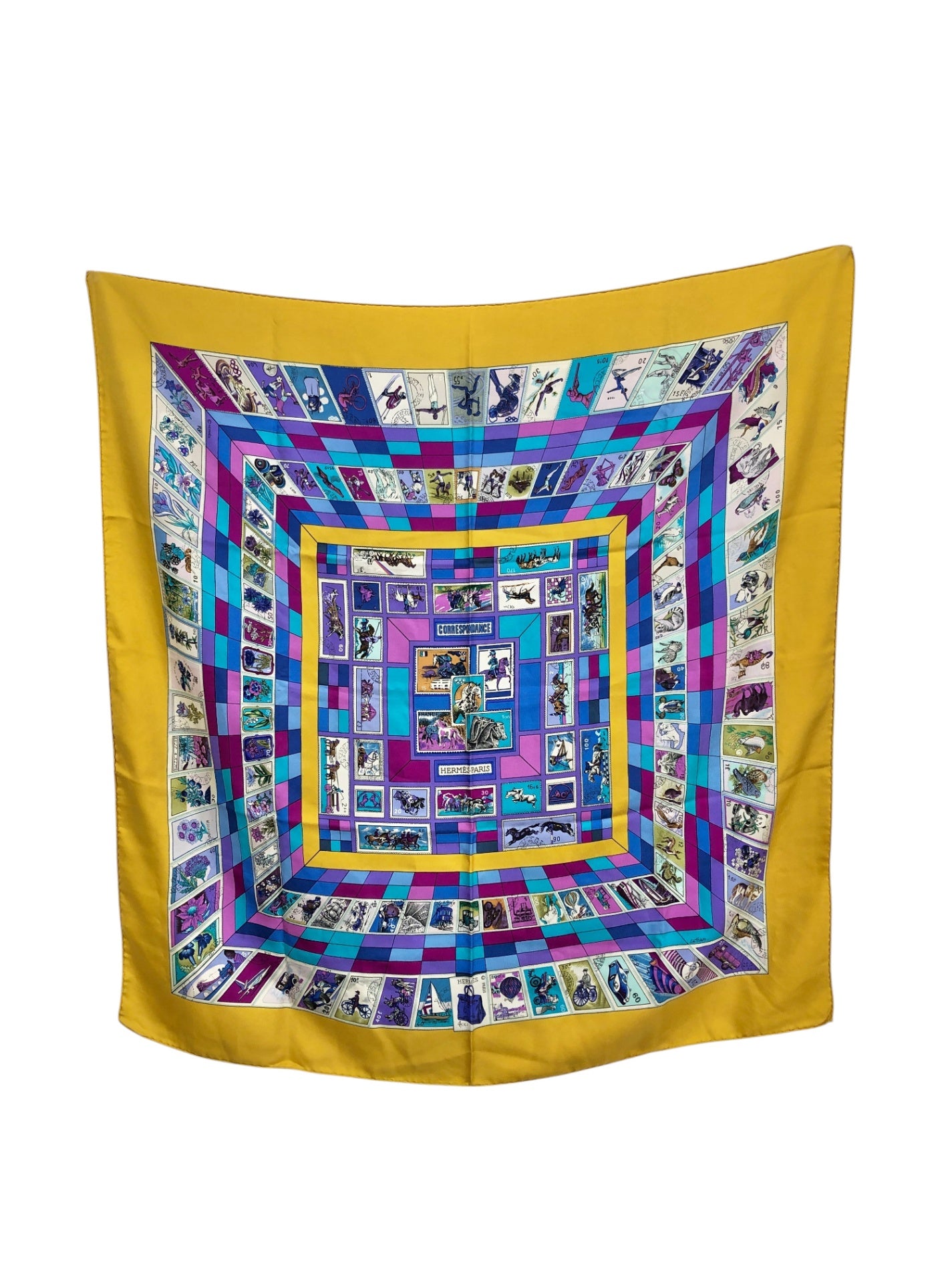HERMES Silk Scarf Yellow CORRESPONDANCE Vintage ju8bdp