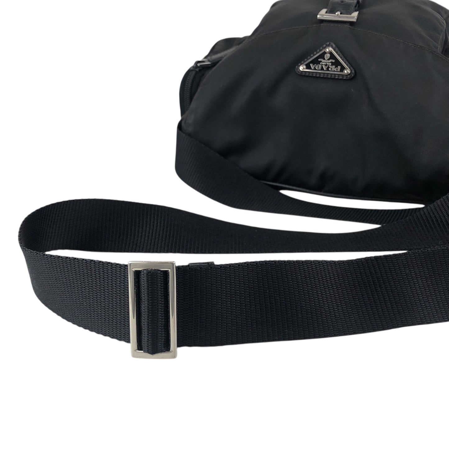 PRADA Tessuto Triangle Logo Front Buckle Side Pocket Shoulder bag Black Vintage 5whkzb