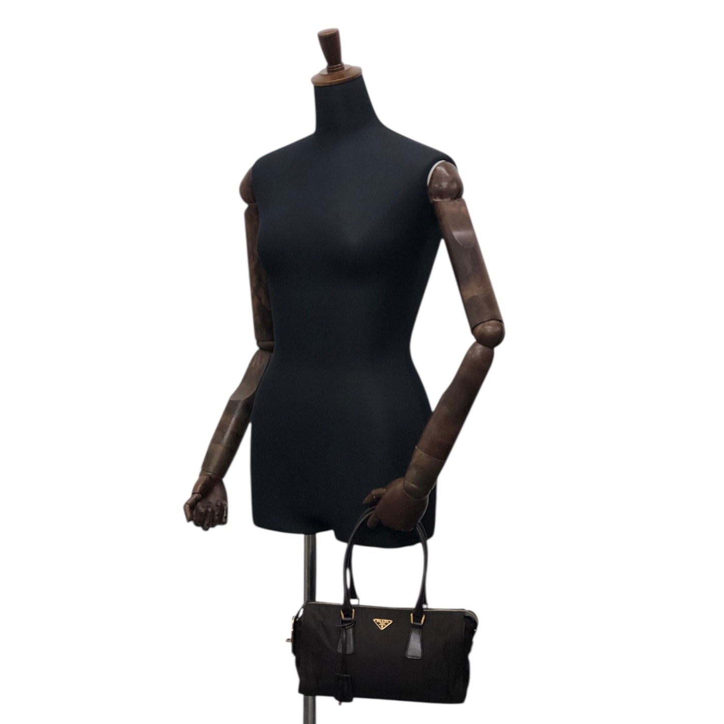 PRADA Tessuto Triangle Logo Small Boston bag Handbag Brown Vintage jaa3i4