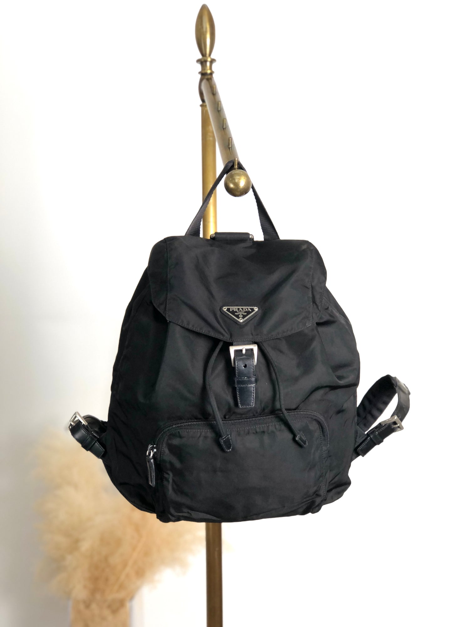 PRADA Tessuto Triangle Logo Front Buckle Backpack Black Vintage