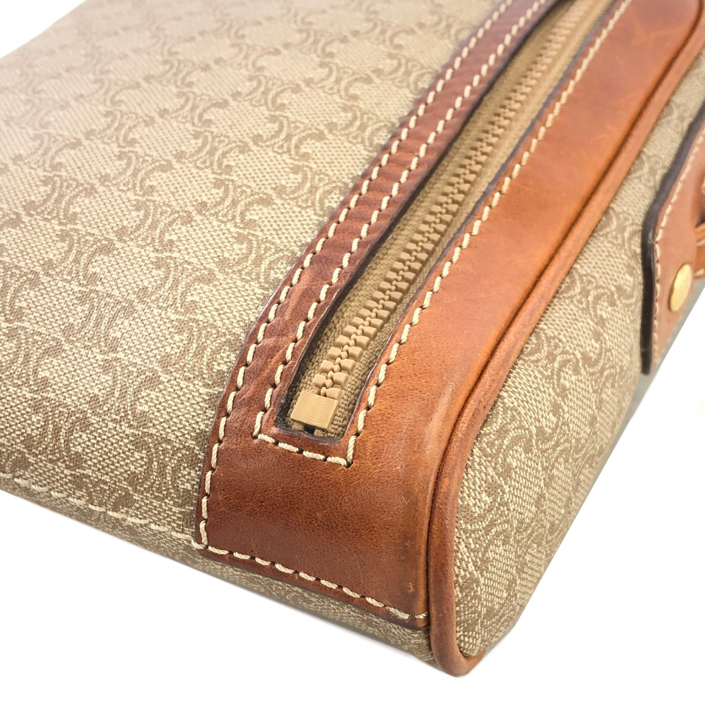 CELINE Macadam Blason Logo Motif Front Zipper Shoulder bag Beige Vintage u8nhjb