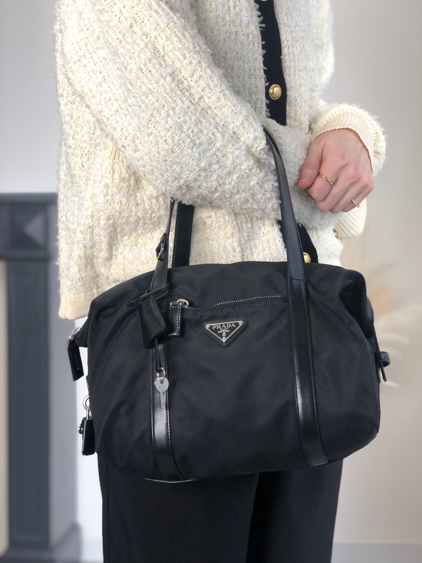 PRADA Tessuto Triangle Logo Small Boston bag Handbag Black Vintage kg2zxs