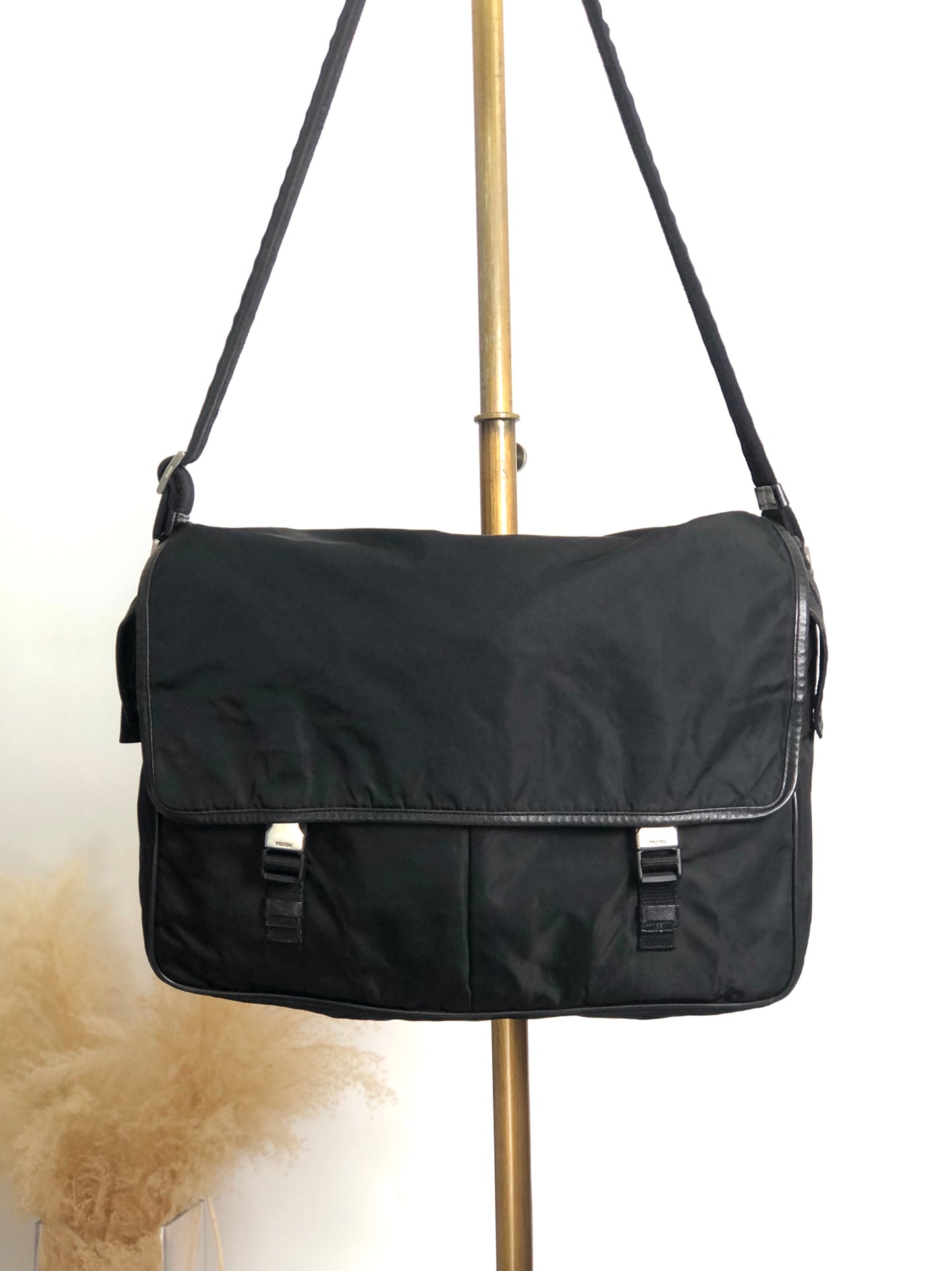 PRADA Tessuto Triangle Logo Front Buckle Shoulder bag Black Vintage n6kgte