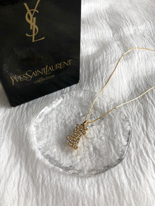 Yves Saint Laurent YSL Logo Rhinestone Necklace Gold Vintage mgyvm5