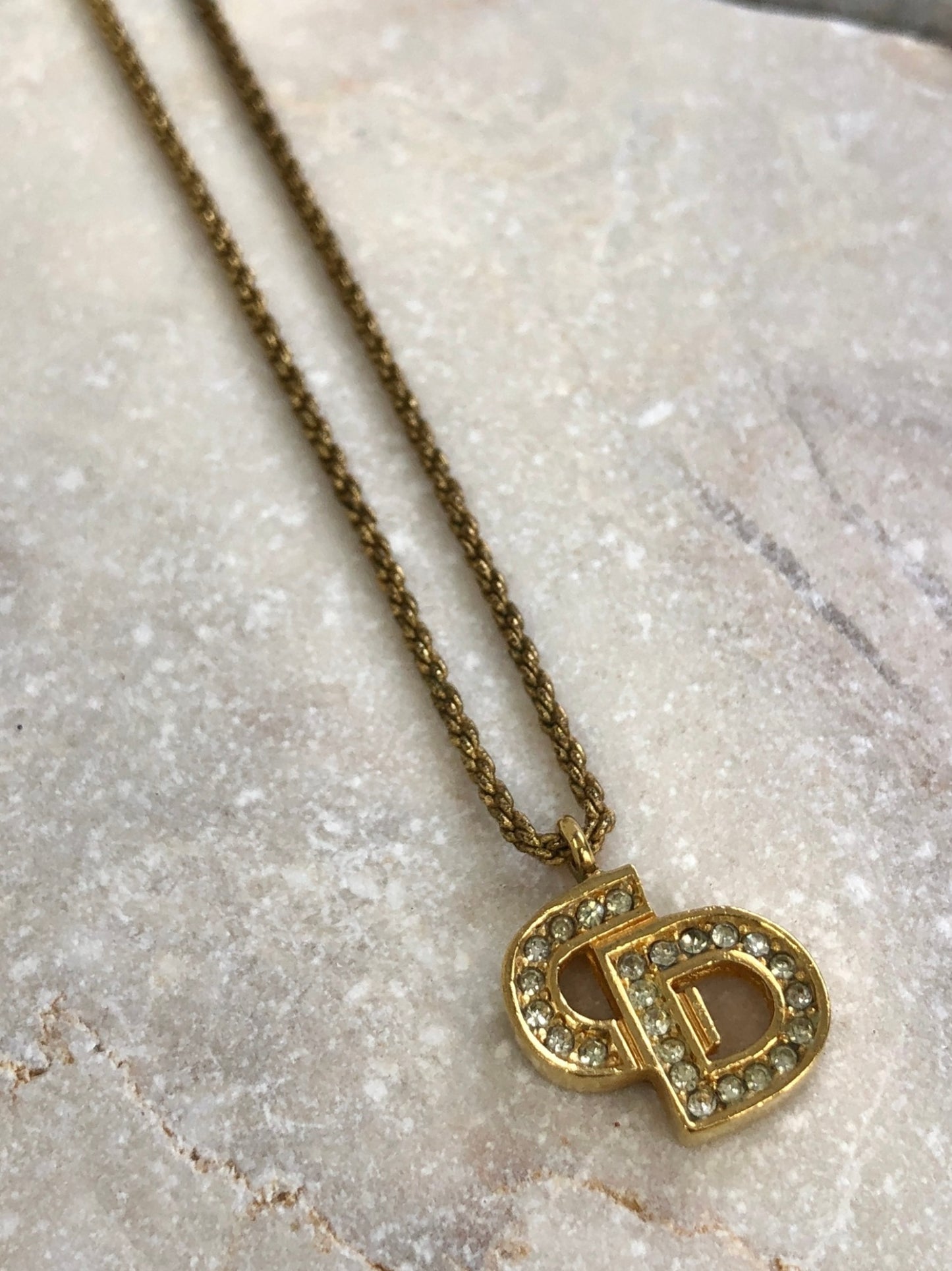 Christian Dior CD 標誌水鑽項鍊金色復古 wzptxx