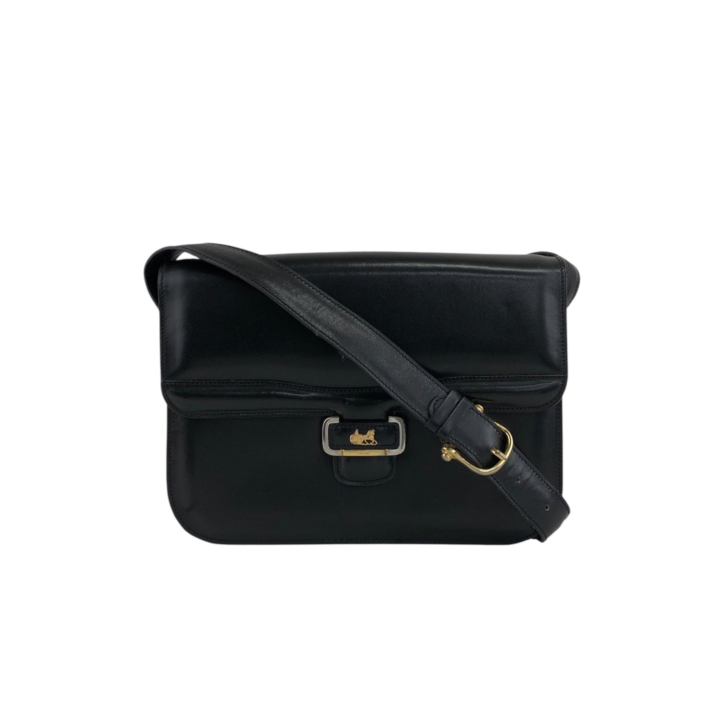 CELINE Triomphe Horse Carriage Shoulder bag Black Vintage pw788h