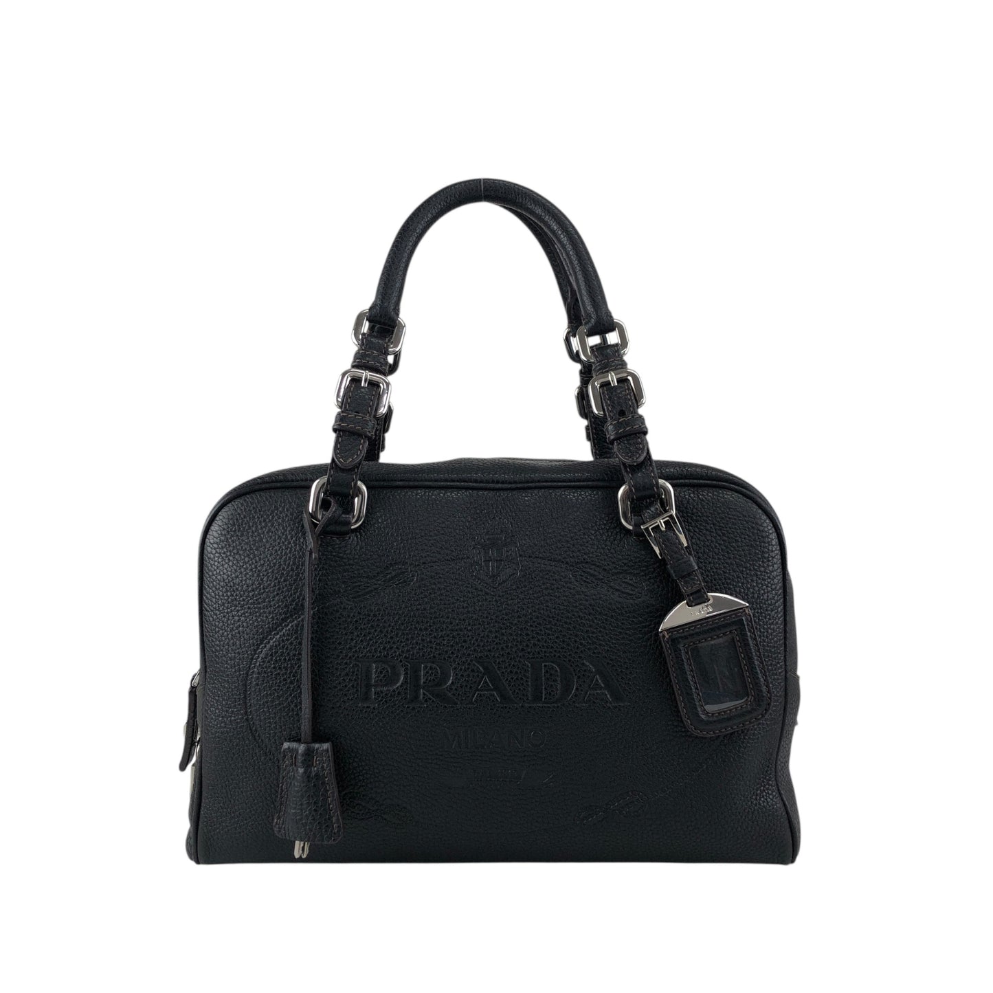 PRADA Logo Embossed Small Boston bag Handbag Black Vintage f8pbsn