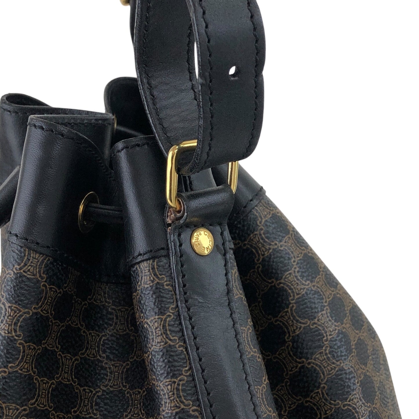 CELINE Macadam Blason Drawstring Shoulder bag Black Vintage x5e8fx