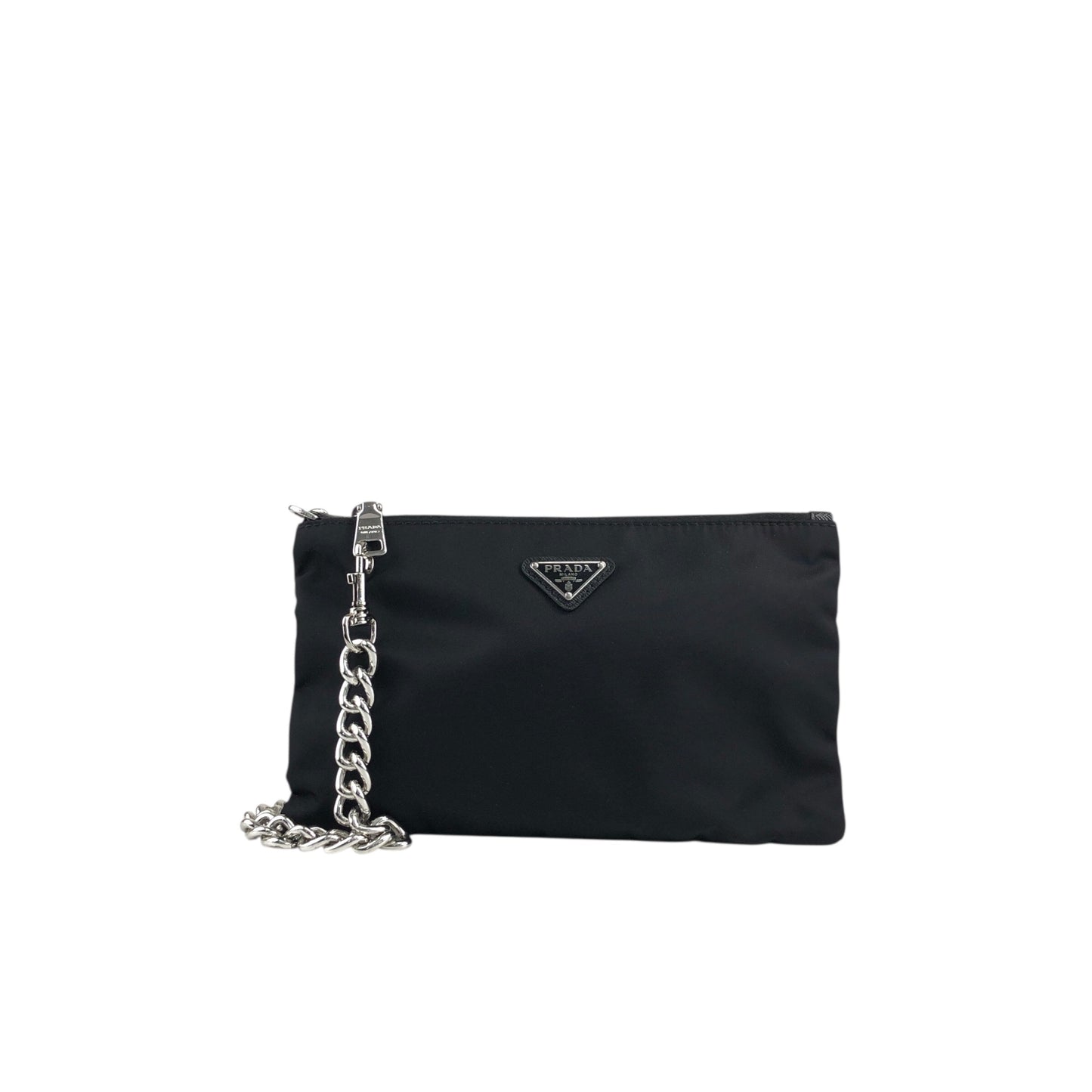 PRADA Triangle Logo Chain Small Handbag Pouch Black Vintage vhizxb