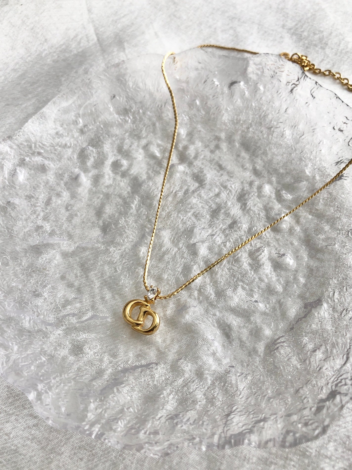 Christian Dior CD Logo Rhinestone Necklace Gold Vintage jv2dxz