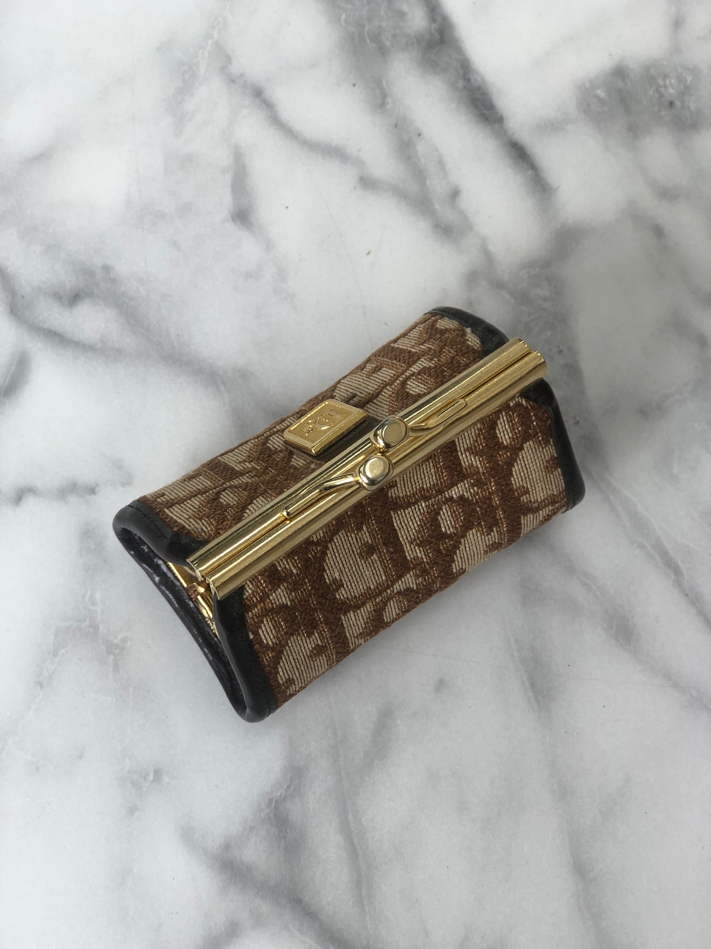 Christian Dior Trotter 提花皮革金屬扣零錢包棕色復古 mcrrev