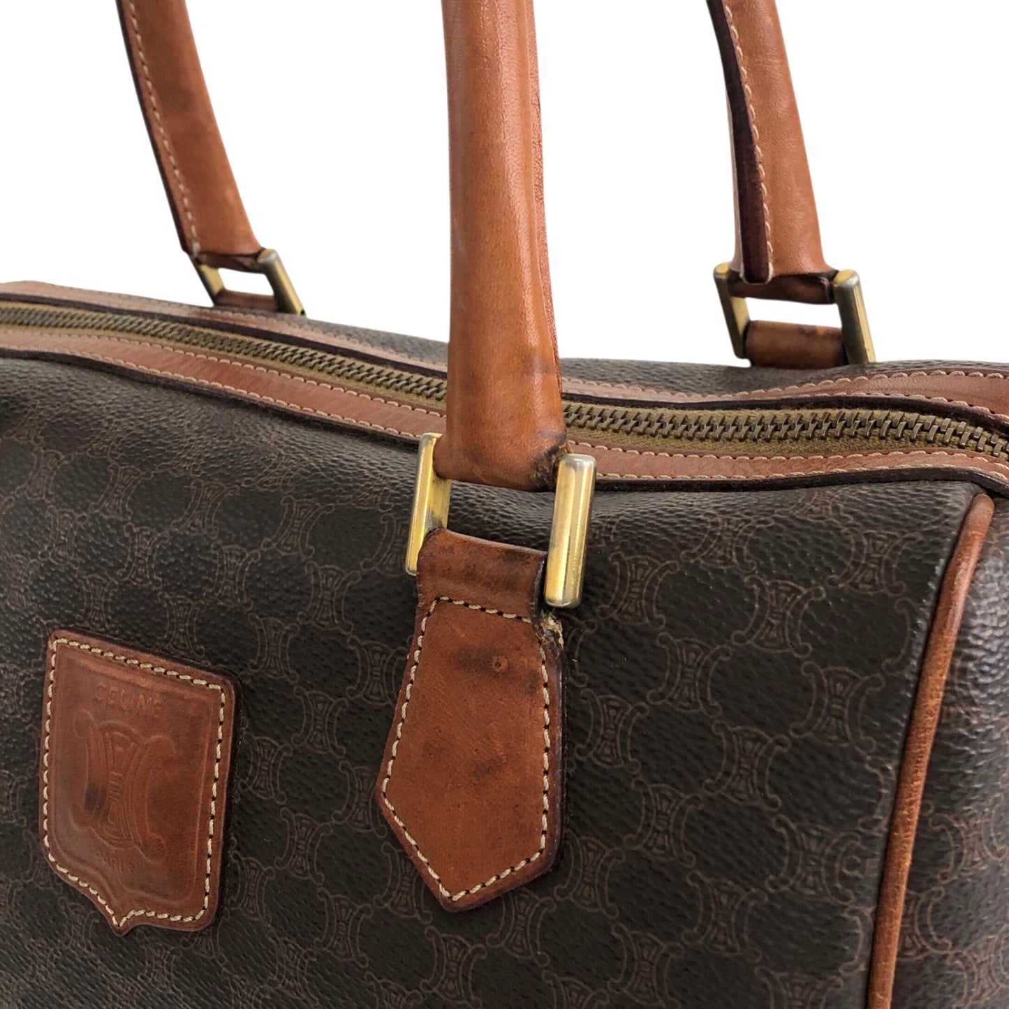 CELINE Macadam Blason Small Boston bag Handbag Brown Vintage akh2uk