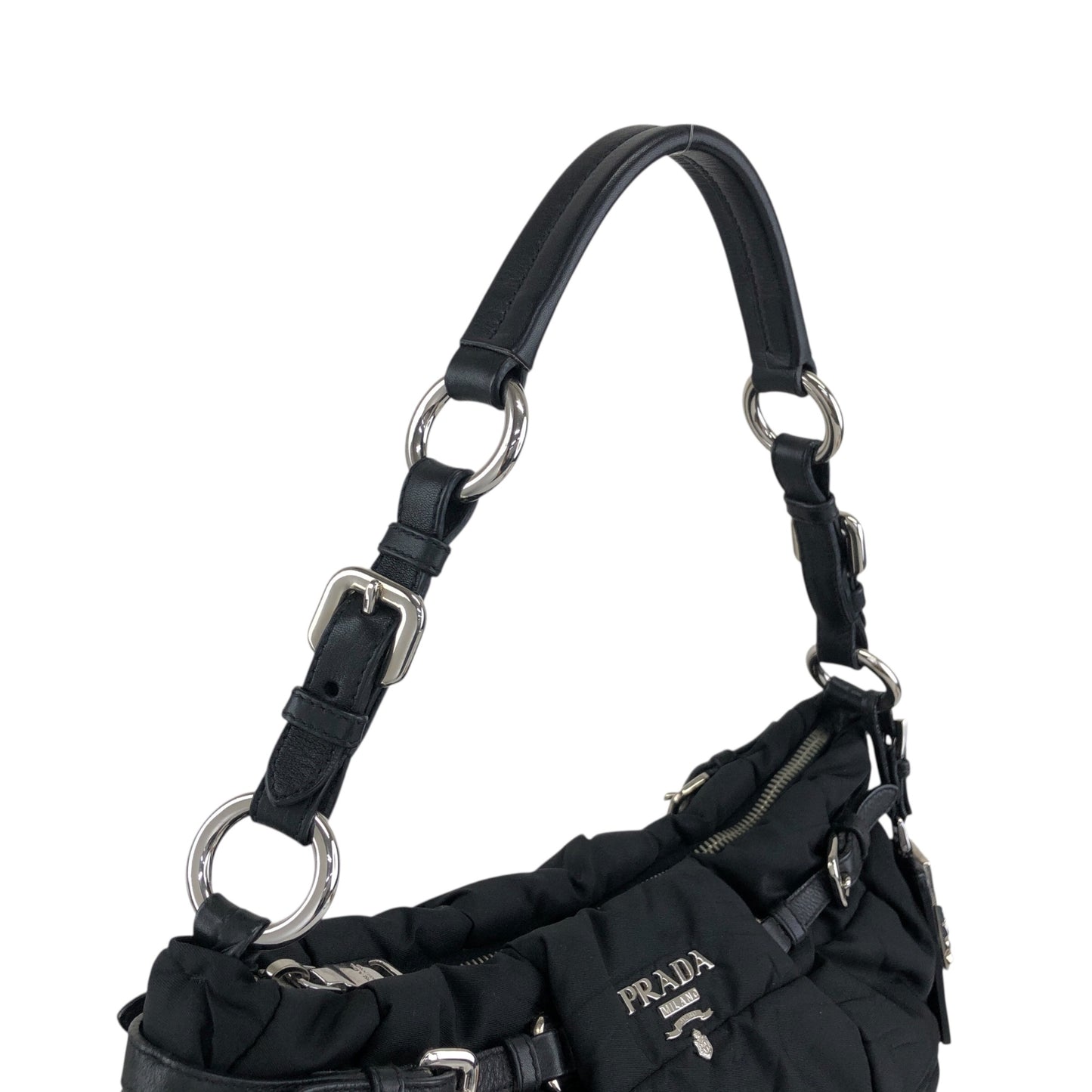 PRADA Logo Shoulder bag Hobobag Black Vintage kut77d