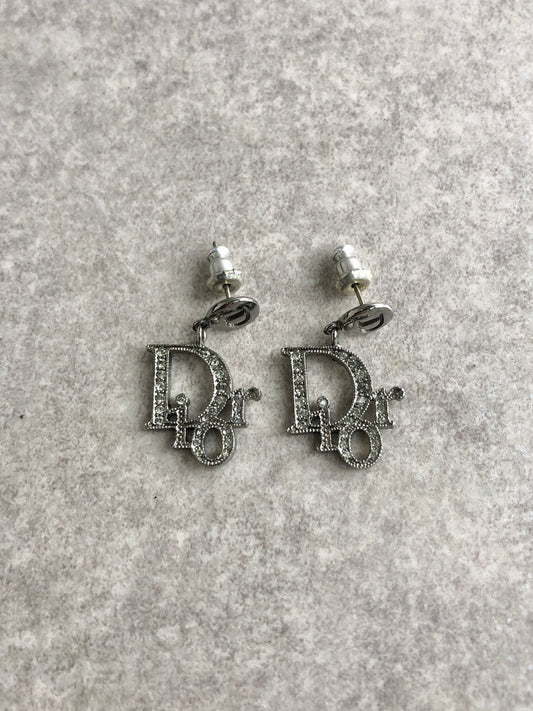 Christian Dior Logo Motif Rhinestone Pierced Silver Vintage 5rebys