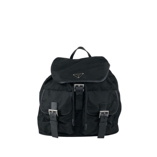 PRADA Tessuto Triangle Logo Double Pocket Backpack Black Vintage cz4rjs